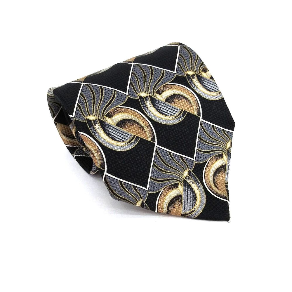 Domani Uomo Mens Necktie 100% Silk Black Geometric Tie - 57" x 4"